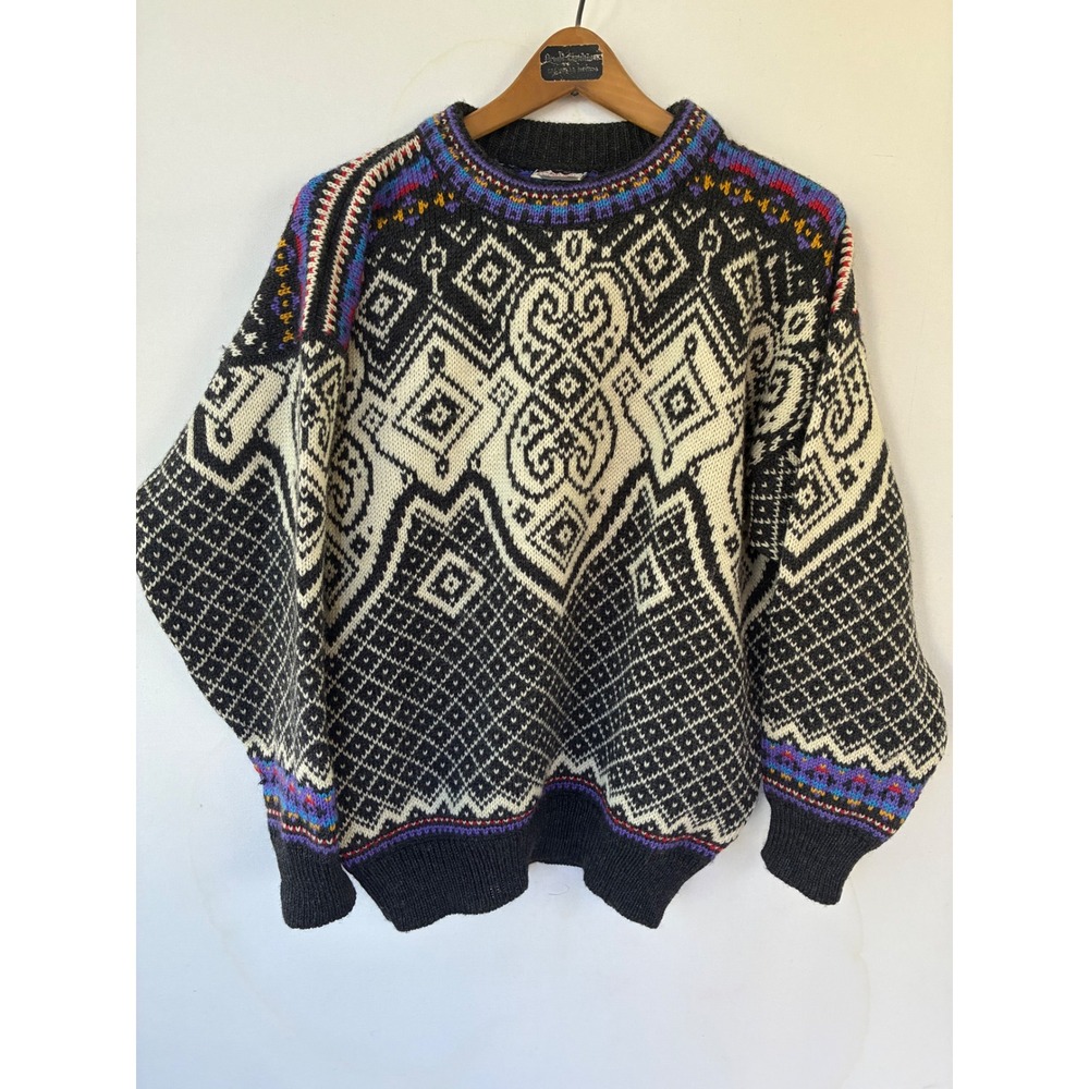 VTG Dale of Norway Mens Wool Sweater Nordic Fair Isle Black Cream Purple Medium